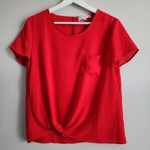 PINK ROSE Red Blouse Womens Medium Short‎ Sleeve Knot Front Chest Pocket Shirt